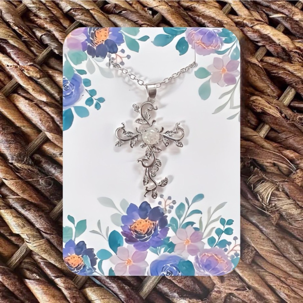 New Silver-Tone and Opal Cross Pendant Necklace (Version 1)